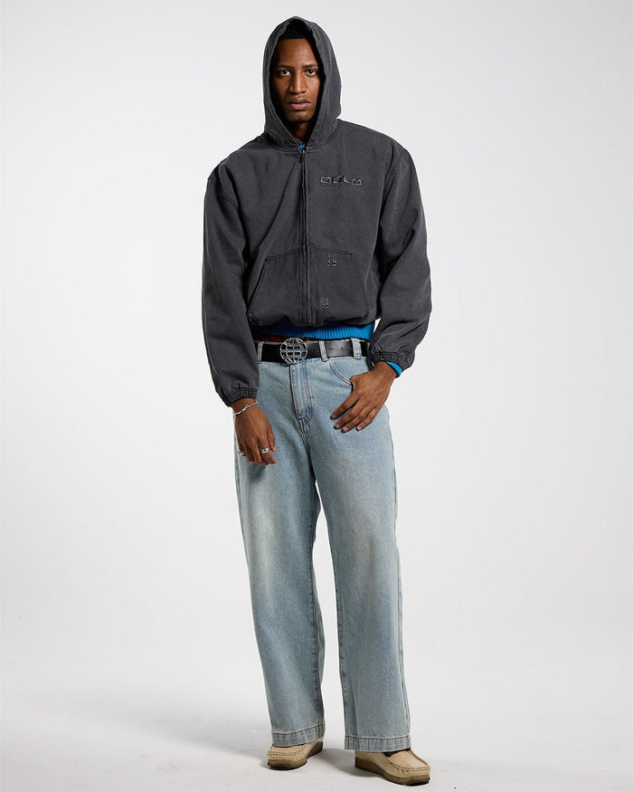DOUBLE C STARS ZIP JACKET HEAVY GREY DENIM - washed grey denim zip jacket, front view on male model - Cold Culture #man