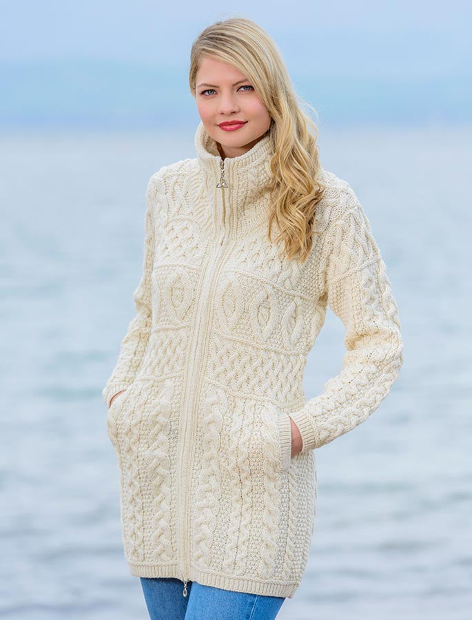 Double Collar Merino Aran Coat - Natural White #color_natural-white