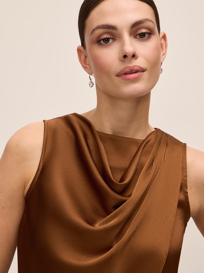 Bronze Draped Cowl Shell Top - Woman Wearing Elegant Sleeveless Blouse - Le Chateau