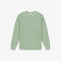 A sage green ribbed knit long-sleeve shirt with contrasting light green trim along the crew neck, shoulders, cuffs, and hem, displayed flat against a light gray background.