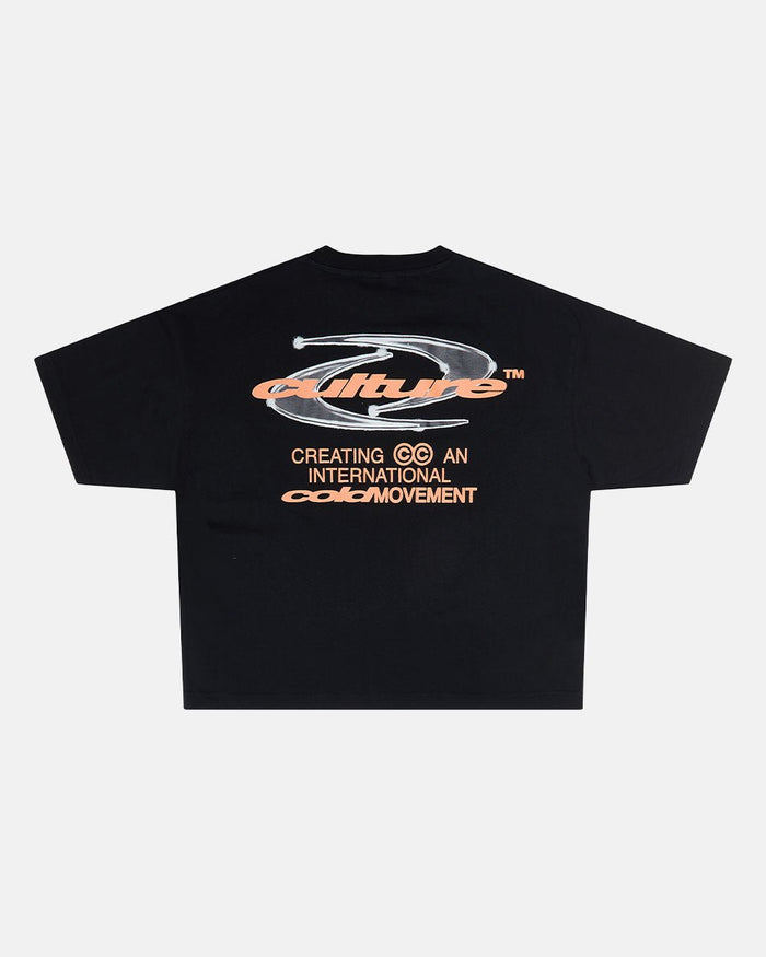 DYNAMIC TEE BLACK AND ORANGE - black graphic print tee, back view - Cold Culture