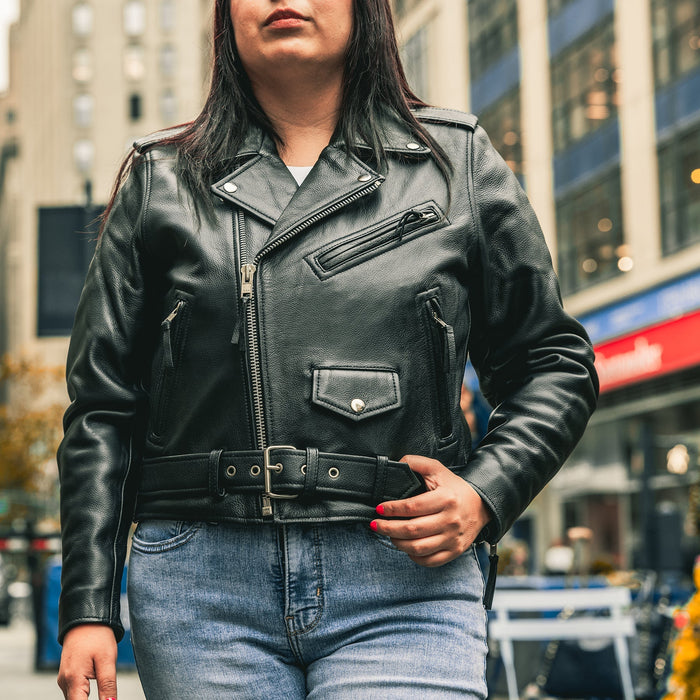 Woman wearing the Eagle Leather Bikerlicious black leather motorcycle jacket