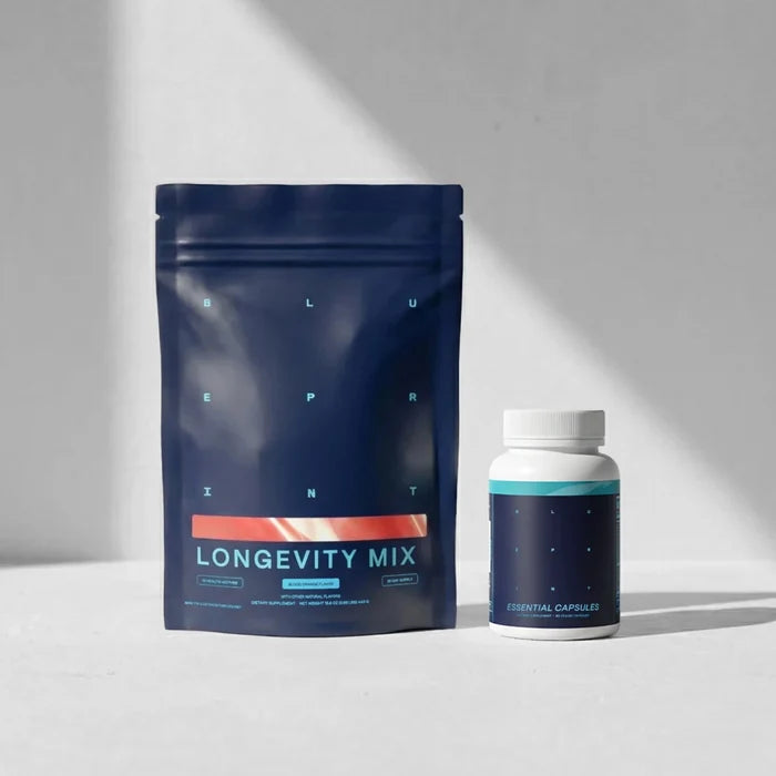 Longevity Mix package and bottle on a light gray background