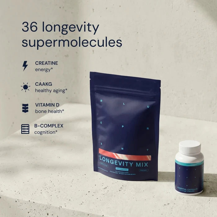 Longevity Mix package with supplement bottle on a light background
