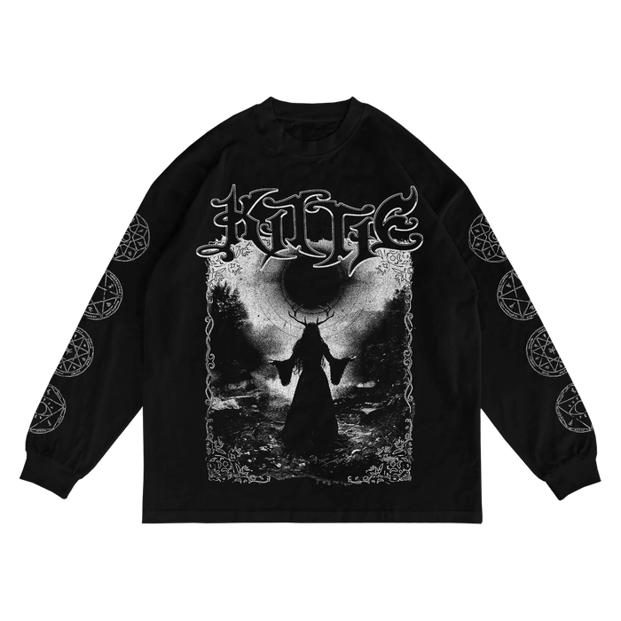 Black long-sleeve shirt by Kittie, made from ring spun cotton with white occult graphics—pentagrams on the sleeves, a hooded figure under a dark sky on the front, and "KITTIE" in stylized text above.