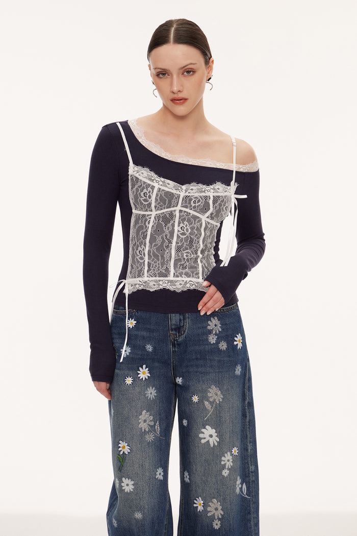 Eini One Shoulder Lace Top In Black