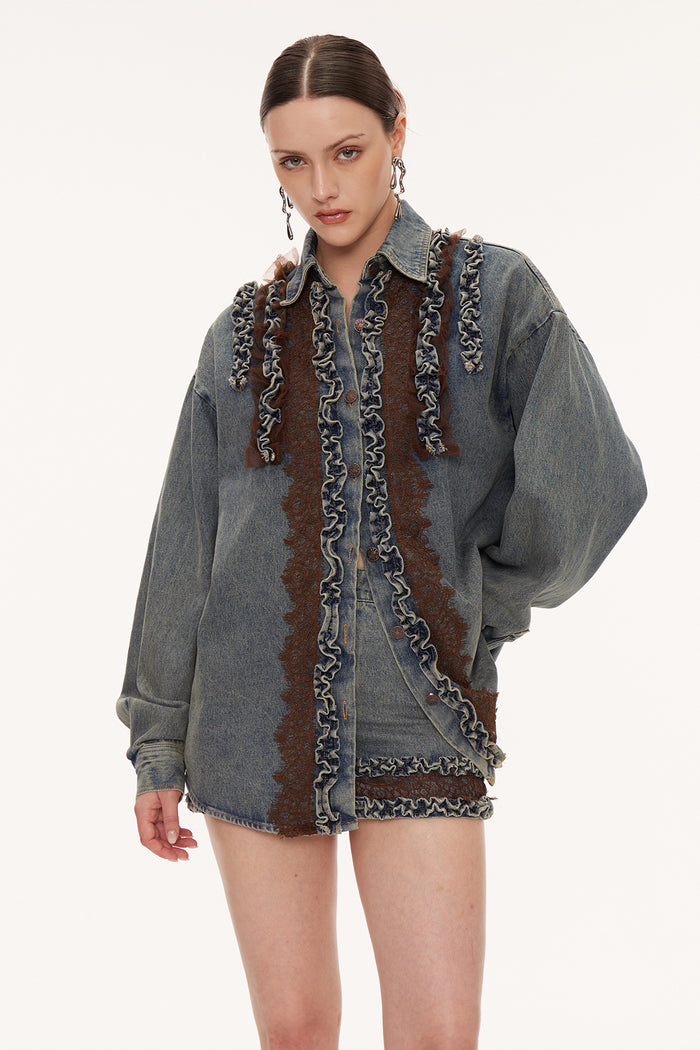 Eirenaios Ruffle Denim Skirt Set