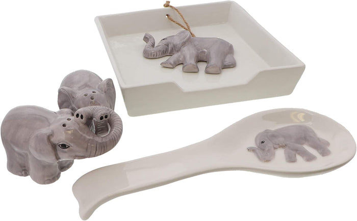 Elephant Collection Matching Gift Set - Ceramic Napkin Holder, Spoon Rest and Salt & Pepper Shakers