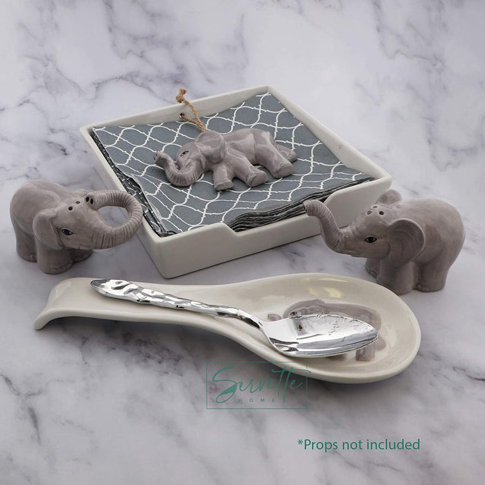 Elephant Collection Matching Gift Set - Ceramic Napkin Holder, Spoon Rest and Salt & Pepper Shakers