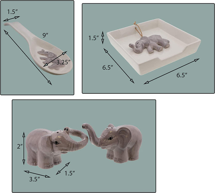 Elephant Collection Matching Gift Set - Ceramic Napkin Holder, Spoon Rest and Salt & Pepper Shakers