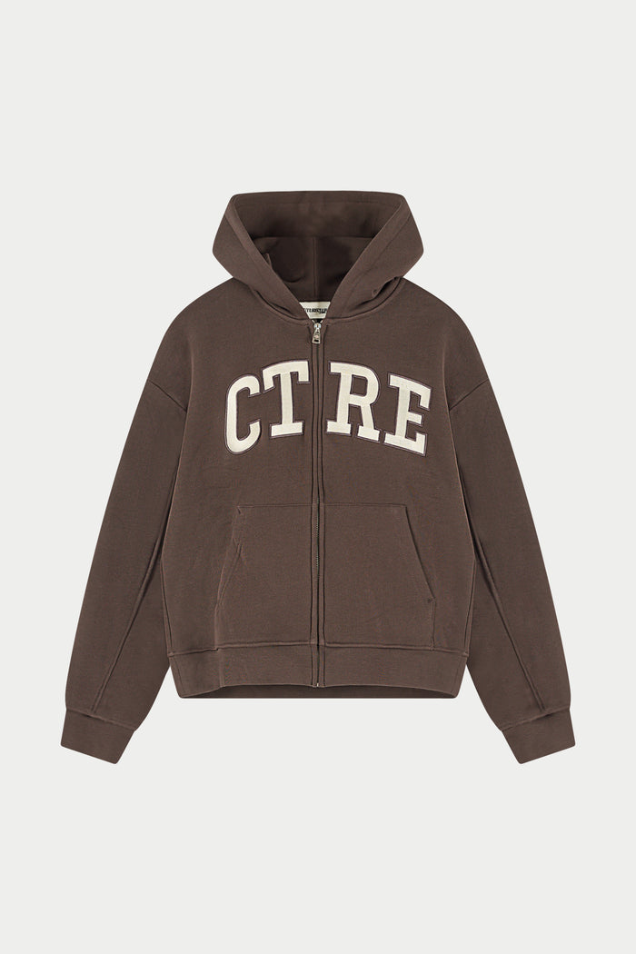 EMBROIDERED CTRE ZIP THROUGH HOODIE - CHOCOLATE