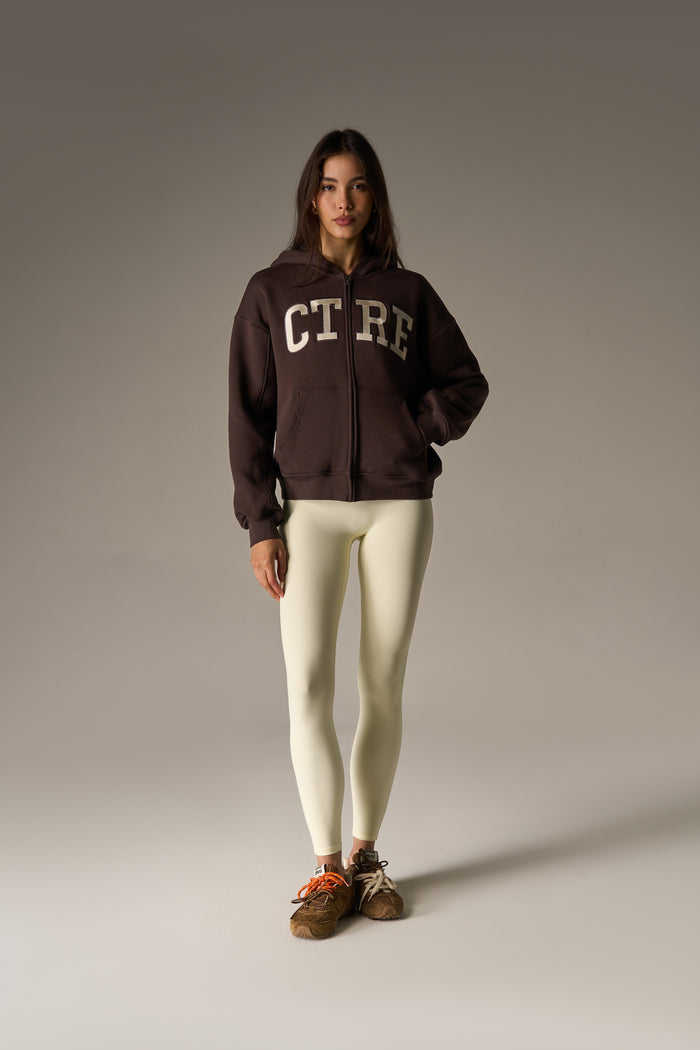 EMBROIDERED CTRE ZIP THROUGH HOODIE - CHOCOLATE