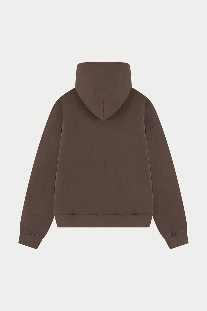 EMBROIDERED CTRE ZIP THROUGH HOODIE - CHOCOLATE