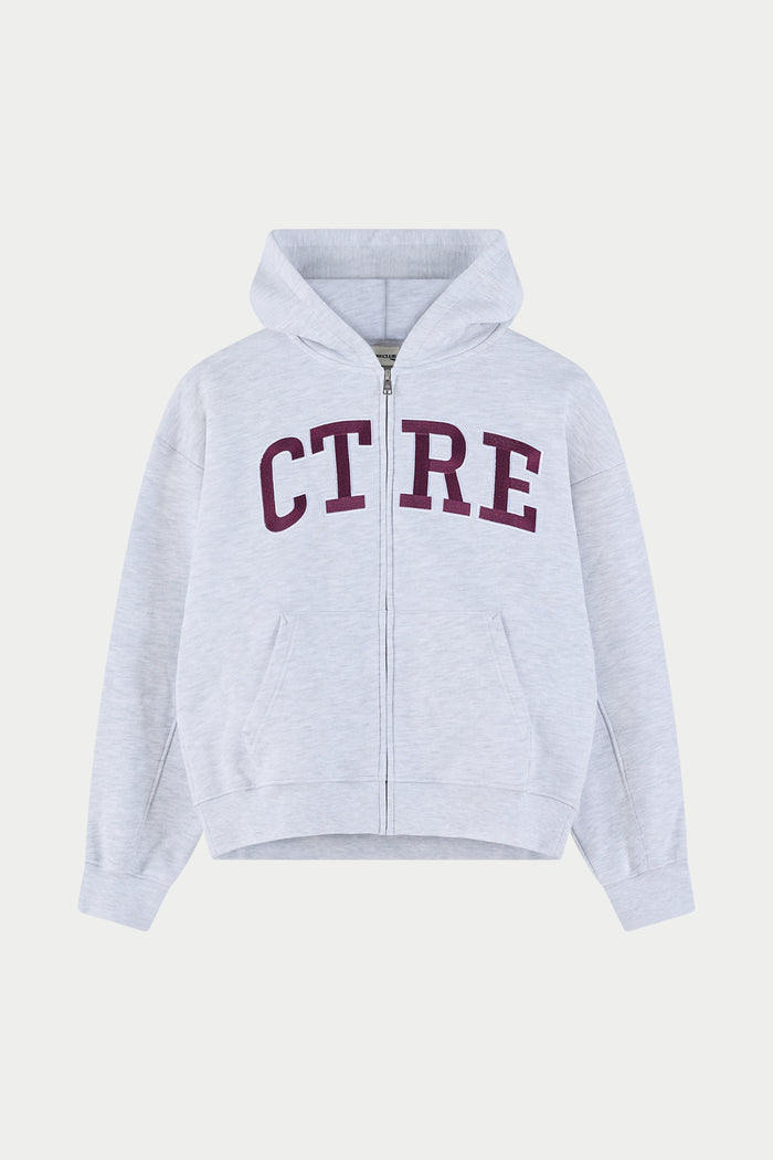 EMBROIDERED CTRE ZIP THROUGH HOODIE - GREY MARL