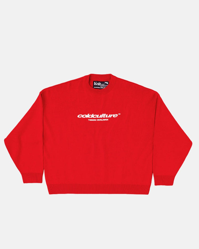 ESSENTIAL KNIT ASTORATH RED - red oversized knit sweater, front view - Cold Culture