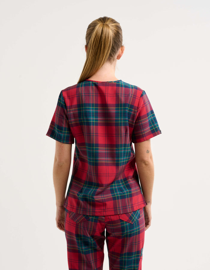 Essential One Pocket V Neck Scrub Top - Christmas Red Tartan