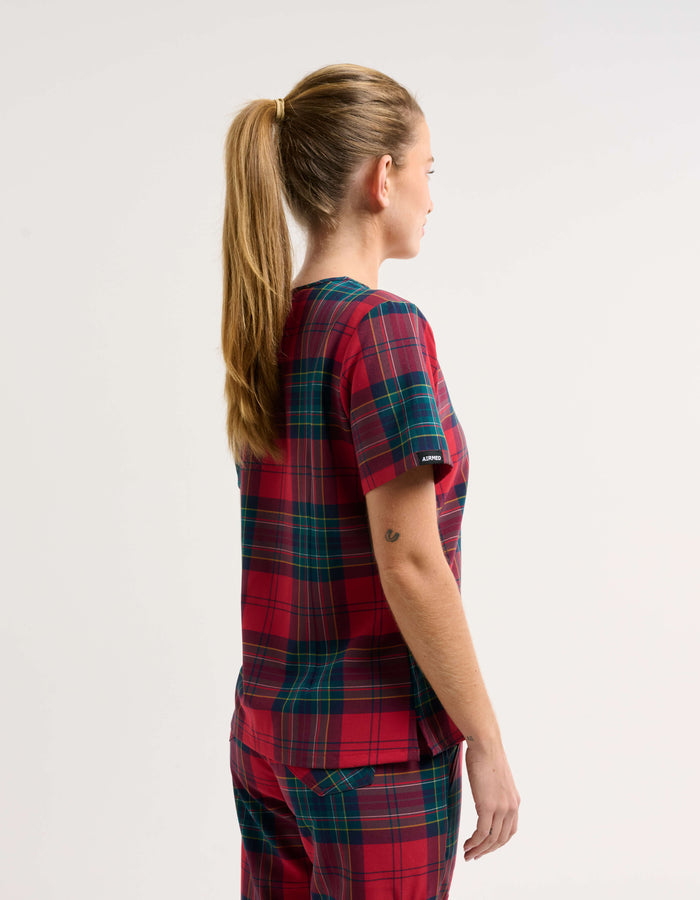 Essential One Pocket V Neck Scrub Top - Christmas Red Tartan