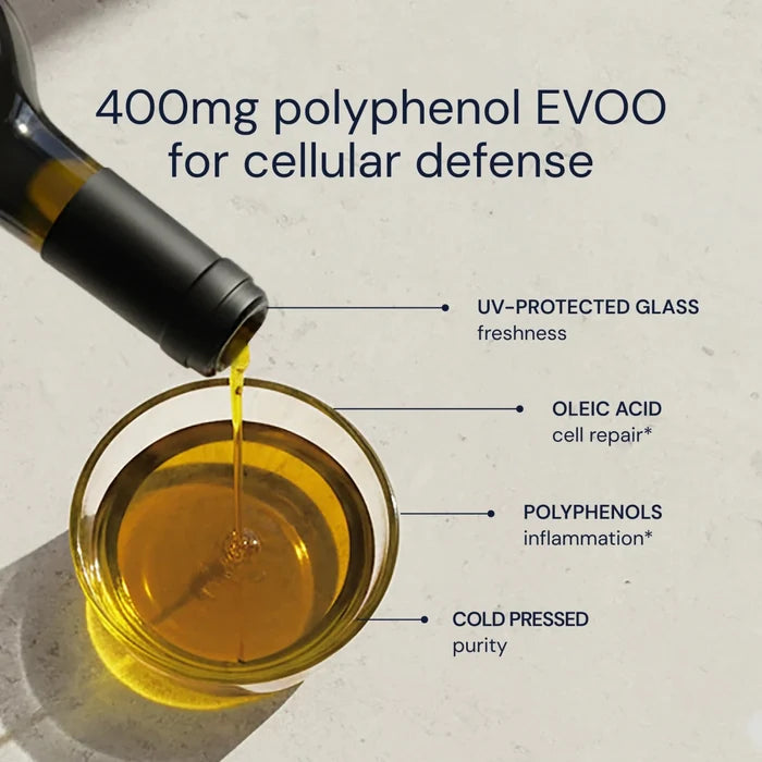 Bottle of olive oil being poured into a glass with text highlighting health benefits on a neutral background