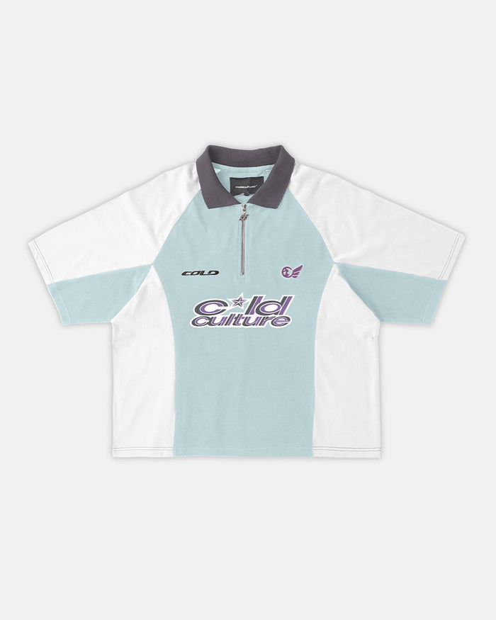 EXTREME POLO IRON LIGHT BLUE AND GREY - light blue and grey polo shirt, front view - Cold Culture