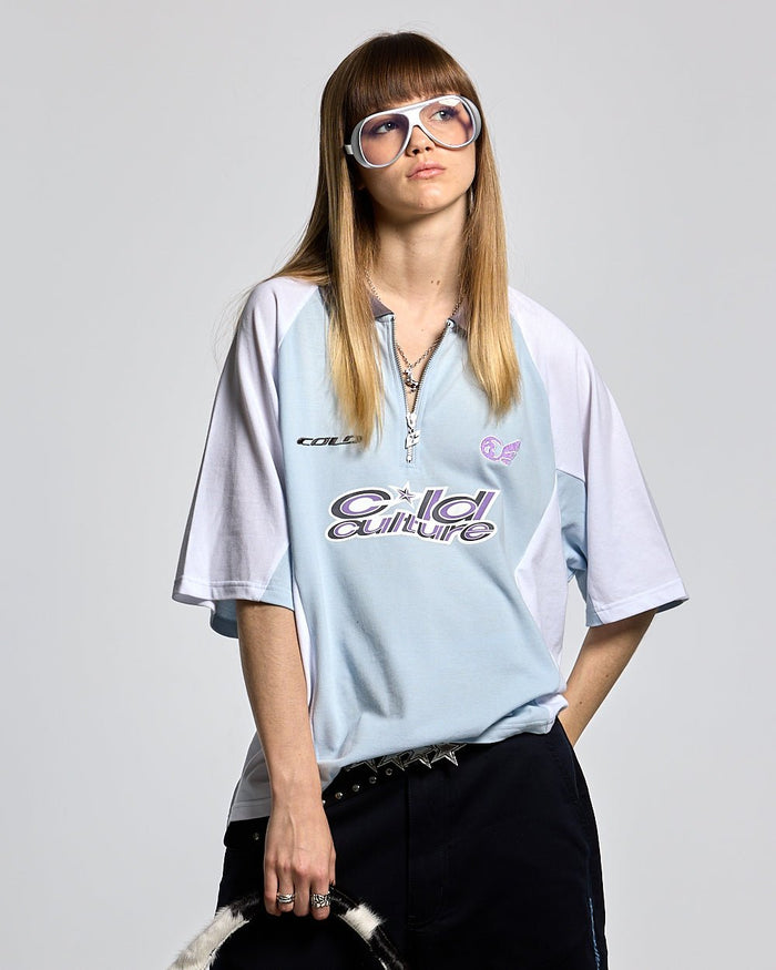 EXTREME POLO IRON LIGHT BLUE AND GREY - light blue and grey polo shirt, front view on female model - Cold Culture #woman