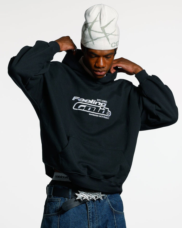 FEELING GOOD TODAY HOODIE BLACK - black oversized hoodie, front view on male model - Cold Culture #man