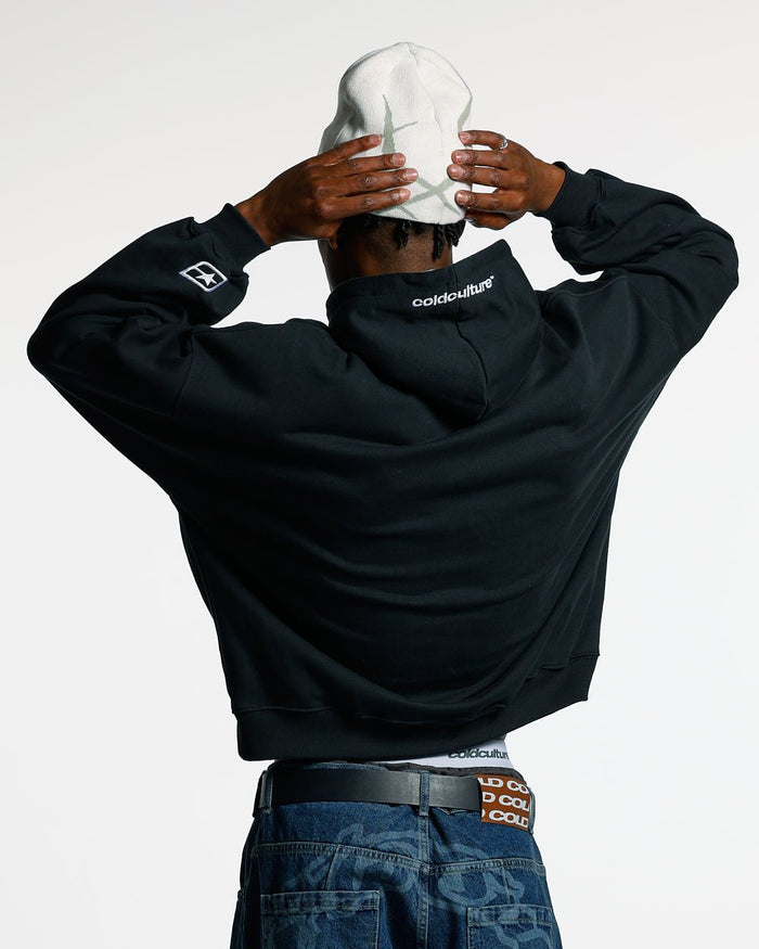 FEELING GOOD TODAY HOODIE BLACK - black oversized hoodie, back view on male model - Cold Culture #man