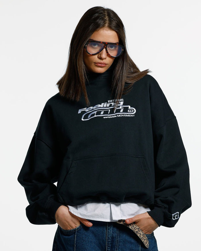 FEELING GOOD TODAY HOODIE BLACK - black oversized hoodie, front view on female model - Cold Culture #woman