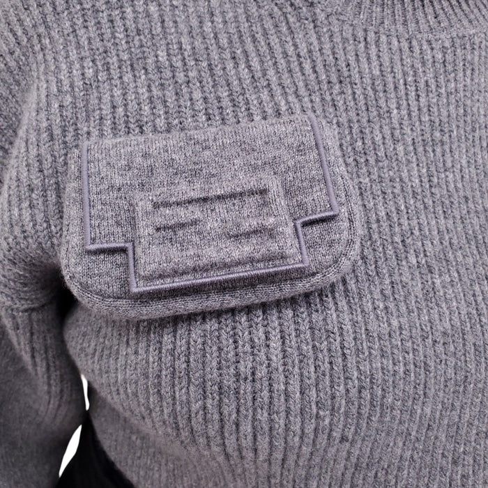 FENDI GREY ONE SLEEVE SWEATER WITH ZUCCA BAGUETTE POCKET - SIZE 36