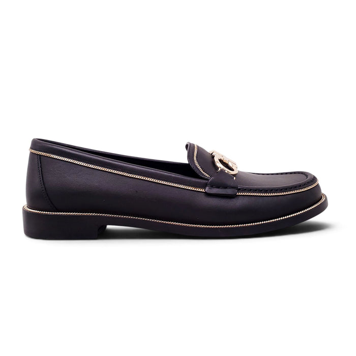 FERRAGAMO BLACK LOAFERS WITH GOLD DETAIL - SIZE 9C