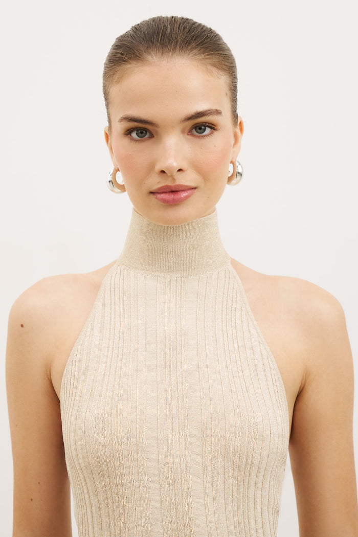 Fine Knit Gathered Halter Neck Maxi Dress - Champagne Shimmer