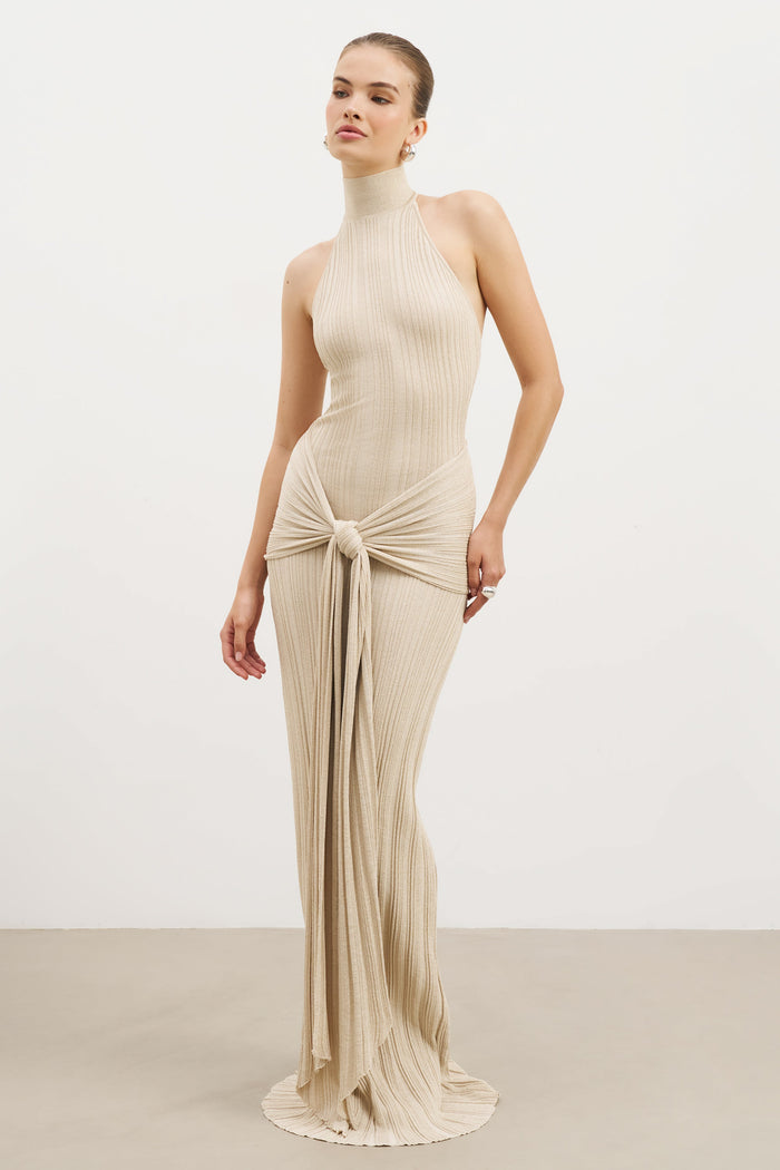 Fine Knit Gathered Halter Neck Maxi Dress - Champagne Shimmer