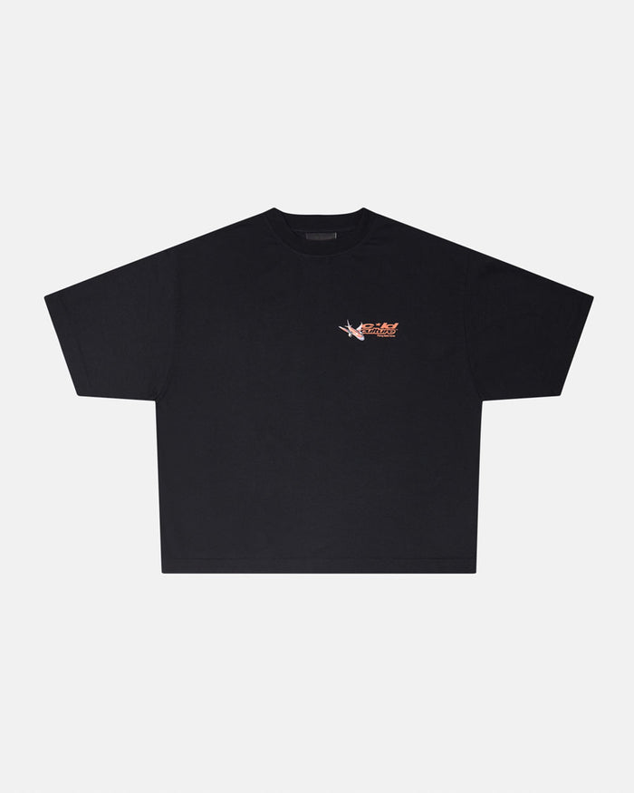 FLIGHT PATH TEE BLACK - black graphic print tee, front view - Cold Culture