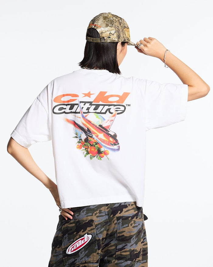 FLIGHT PATH TEE WHITE - white graphic print tee, back view on female model - Cold Culture #woman
