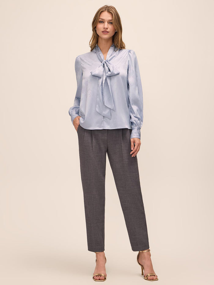 Steel Blue Floral Damask Tie Neck Bow Blouse - Woman Wearing Elegant Woven Top - Le Chateau