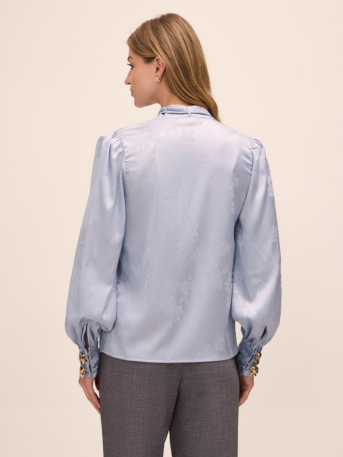 Steel Blue Floral Damask Tie Neck Bow Blouse - Woman Wearing Elegant Woven Top - Le Chateau