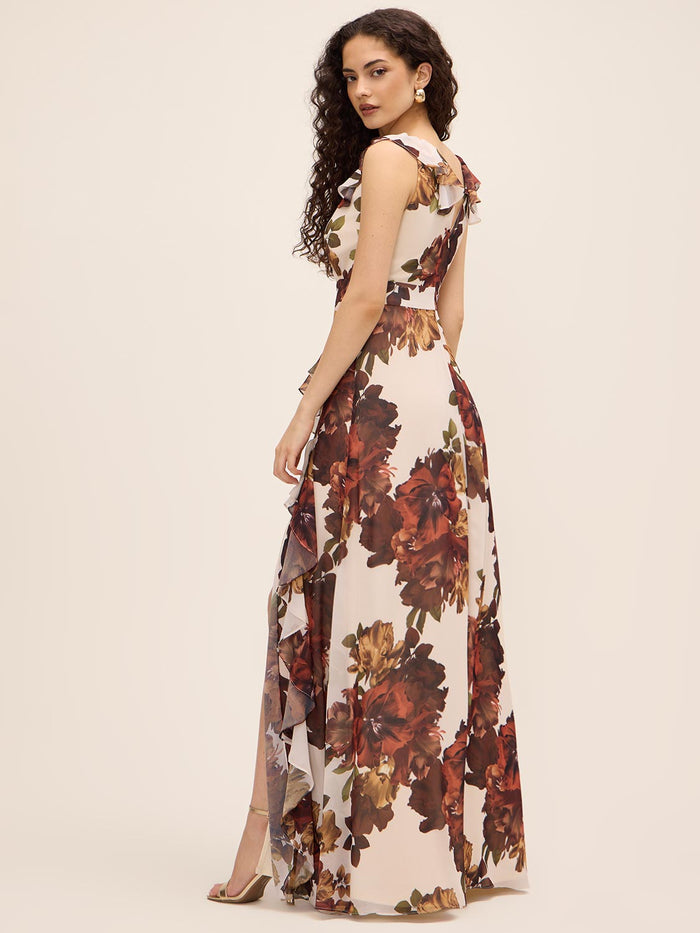Antique Cream/Rust Printed Chiffon Crossover Neckline Gown - Woman Wearing Full-Length Ruffle Dress - Le Chateau