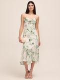Pearl/Khaki Floral Chiffon Midi Dress - Woman Wearing Elegant Pleated Hem Dress - Le Chateau