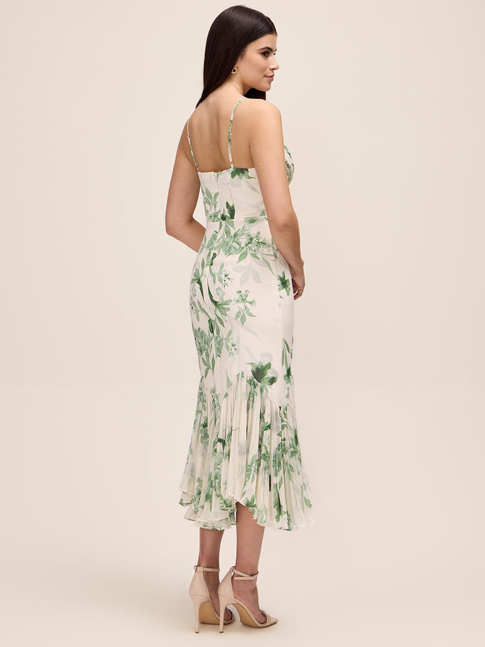 Pearl/Khaki Floral Chiffon Midi Dress - Woman Wearing Elegant Pleated Hem Dress - Le Chateau