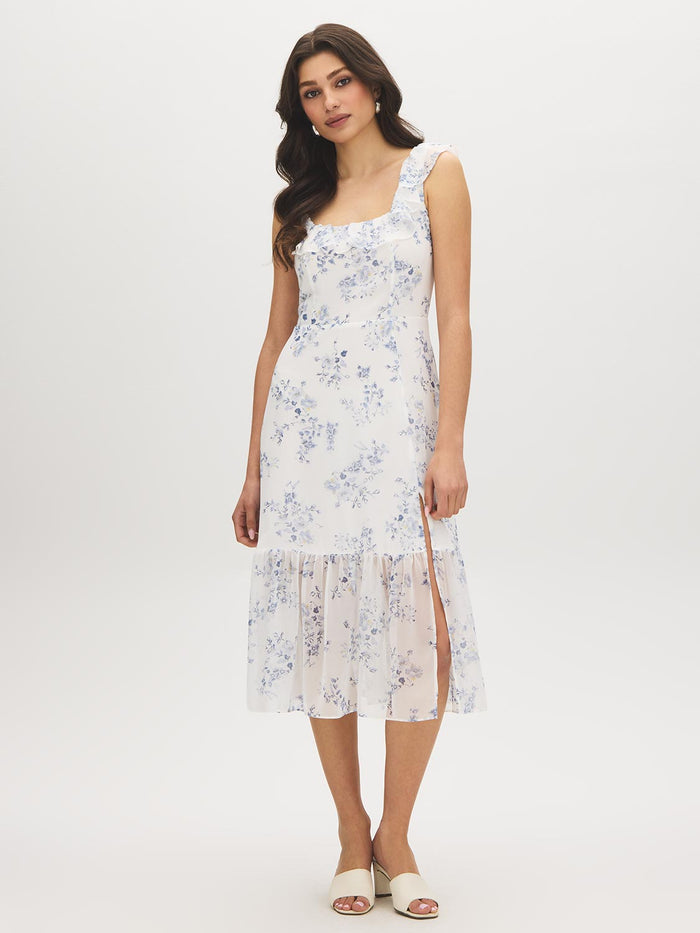 Snow White Floral Chiffon Dress with Ruffled Straps - Woman Wearing Tiered Skirt Dress - Suzy Shier