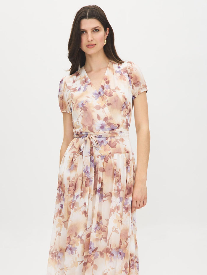Sand Floral Print Textured Chiffon Midi Dress - Front View - Suzy Shier