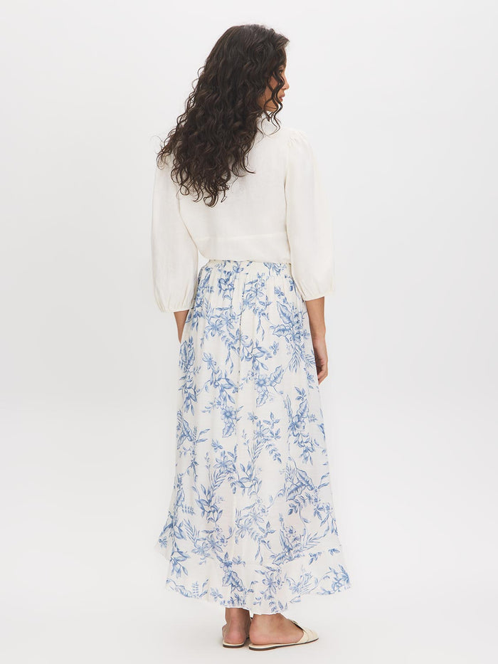 Blue Floral Hi-Low Ruffle Front Midi Skirt - Woman Wearing Textured Slub Midi Skirt - Suzy Shier
