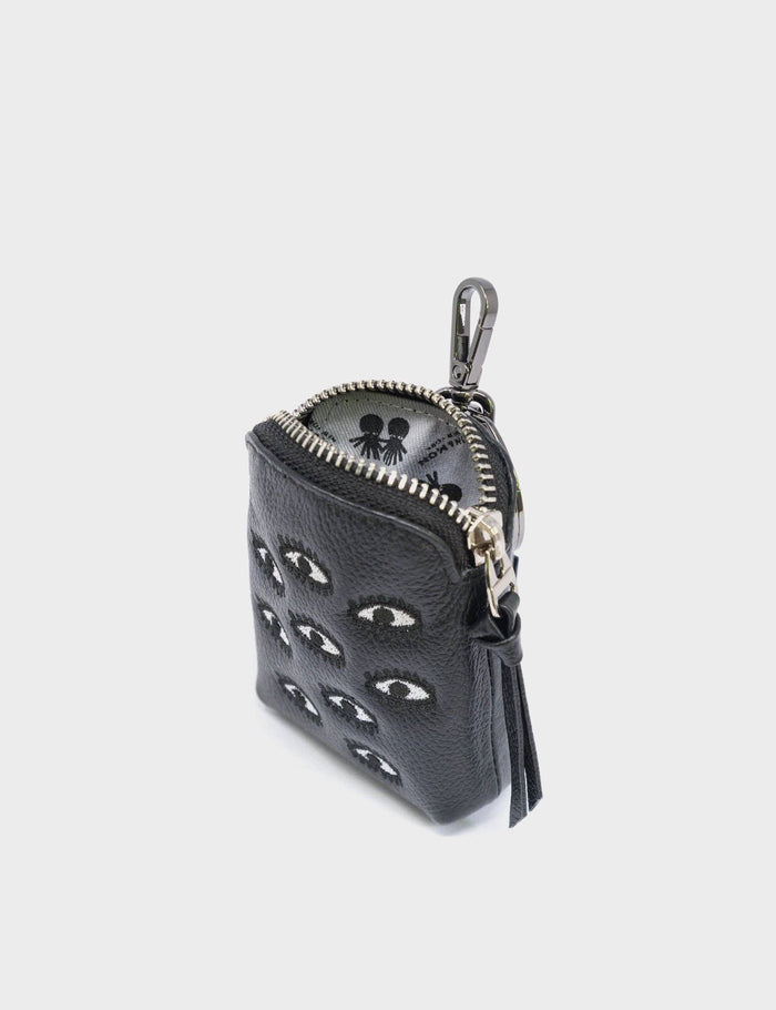 Florence Pouch Charm  - Black Leather Keychain Eyes Embroidery
