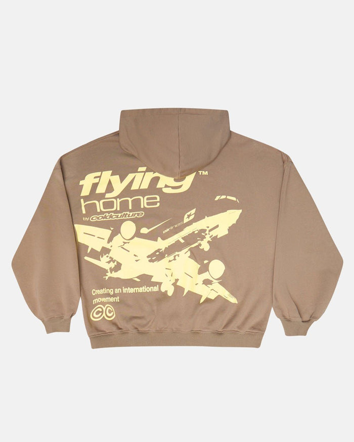 FLYING HOME HOODIE WALNUT BROWN - walnut brown graphic print hoodie, back view - Cold Culture