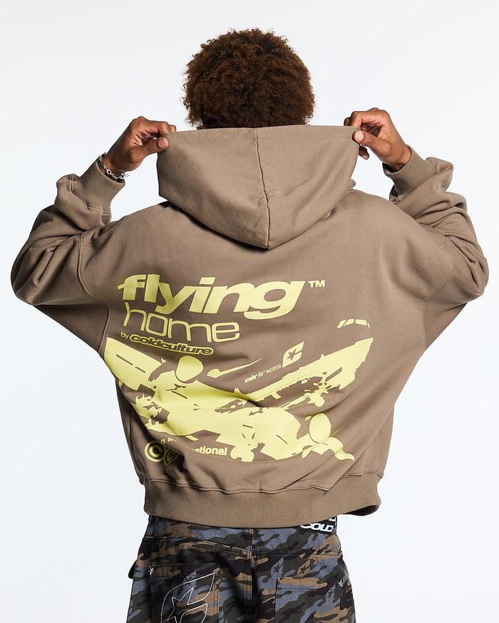 FLYING HOME HOODIE WALNUT BROWN - walnut brown graphic print hoodie, back view on male model - Cold Culture #man