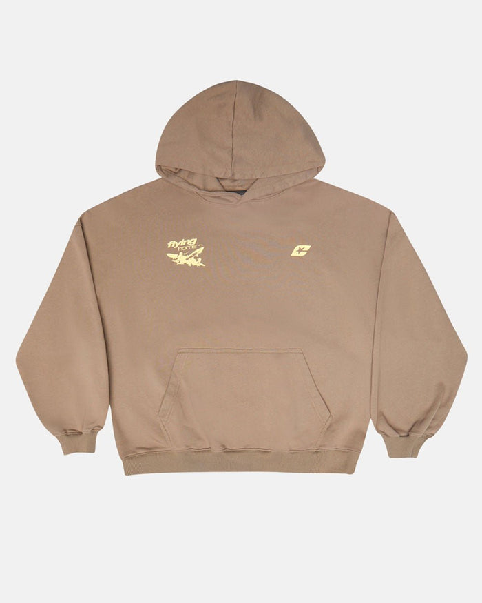 FLYING HOME HOODIE WALNUT BROWN - walnut brown graphic print hoodie, front view - Cold Culture