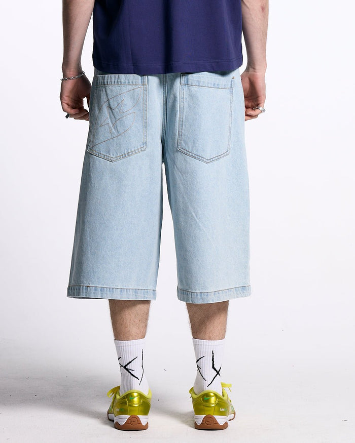 FROSTED JORTS LIGHT BLUE DENIM - light blue denim shorts, back view on male model - Cold Culture #man