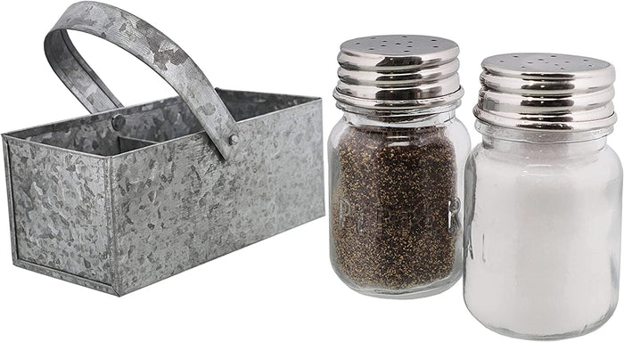 Galvanized Salt & Pepper Shaker with Caddy