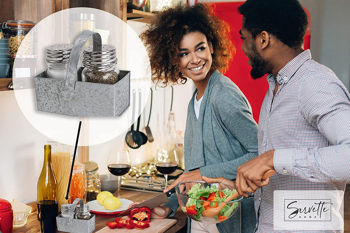 Galvanized Salt & Pepper Shaker with Caddy