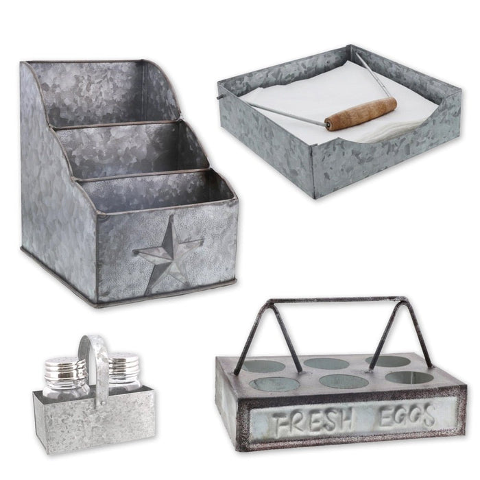 Galvanized Utensil Holder & Galvanized Salt & Pepper Shaker with Caddy & Galvanized Metal Napkin Holder & Galvanized Egg Carrier