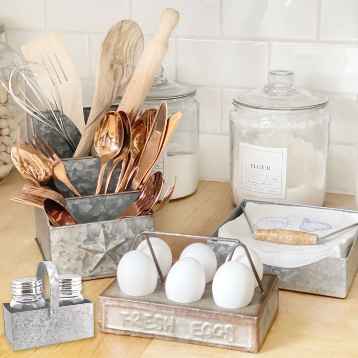 Galvanized Utensil Holder & Galvanized Salt & Pepper Shaker with Caddy & Galvanized Metal Napkin Holder & Galvanized Egg Carrier